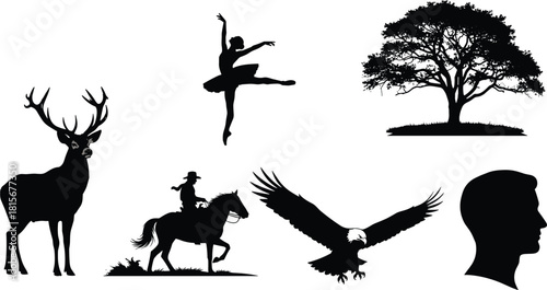 Black silhouette set, deer, ballerina, tree, horse rider, eagle in flight, human profile, nature, wildlife, minimal design, posture study