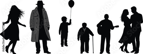 Black silhouette set, diverse figures, dancing woman, child with balloon, elderly person, guitar player, couple pose, minimal design, lifestyle icons