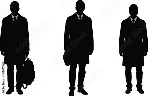 Business silhouette figures, formal attire, suit and coat, briefcase and backpack, professional style, posture study, minimal design, career concept, urban fashion