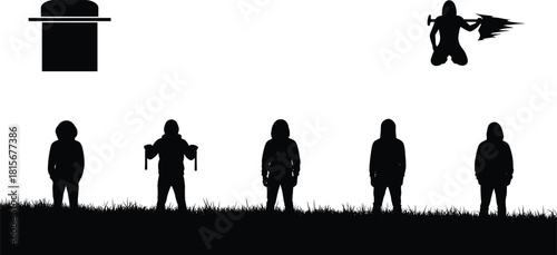 Magical silhouette scene, hooded figures, wizard energy burst, top hat, staff pose, mystery vibe, dark fantasy, minimal design, supernatural concept