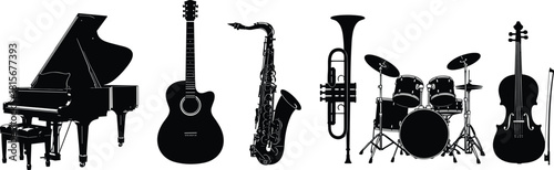 Musical instrument silhouettes, piano, guitar, saxophone, trumpet, drum set, violin, black icons, minimal design, music tools, artistic collection