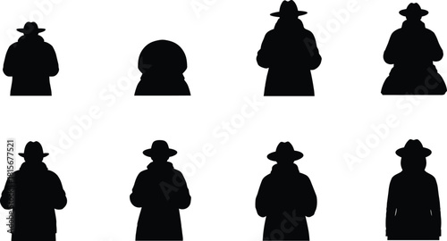 Black silhouette figures, winter coats, hats and boots, minimal style, posture study, fashion concept, character design, cold weather wear, mystery vibe