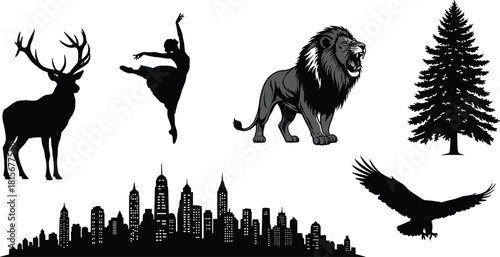 Black silhouette collection, deer, ballerina, lion, tree, city skyline, eagle in flight, nature, wildlife, urban life, minimal design