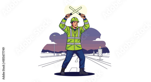 Road construction worker directing traffic at dusk with glowing wands for safety and streamlined operations, a modern illustration for transportation themes