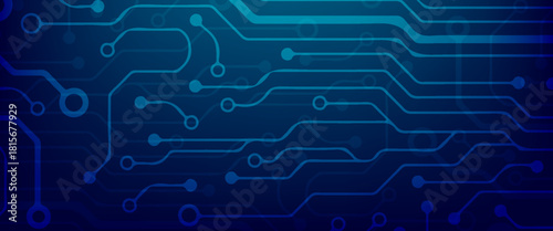 Technology connected blue lines with electronics elements on tech bg. Abstract AI circuit board background. Digital vector illustration. Computer motherboard with a chip, processor, and semiconductor.