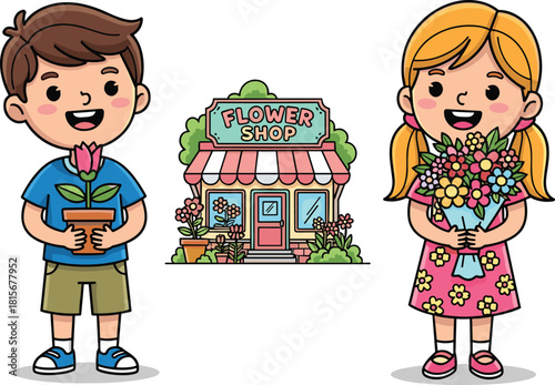 Cartoon flower shop, cheerful children, bouquet and potted plant, colorful storefront, nature love, spring vibes, happy kids, floral fun, blooming garden