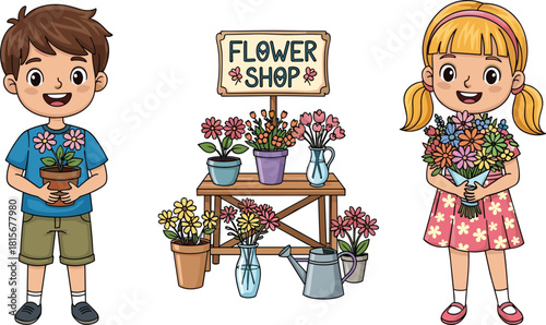 Cartoon flower shop, cheerful children, bouquet and potted plants, colorful display, nature love, spring vibes, happy kids, floral scene, blooming garden