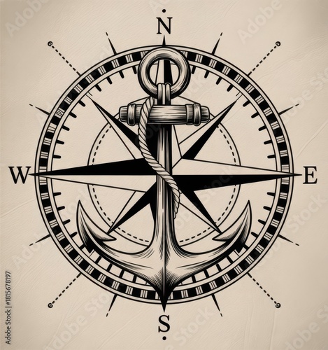 Anchor compass rose nautical vector drawing vintage style for tattoo or logo design concept