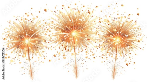 Three golden fireworks bursts with confetti create a celebratory and festive