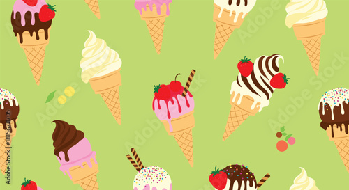 Colorful seamless pattern featuring various ice cream cones with toppings like strawberries and chocolate on a vibrant green background.
