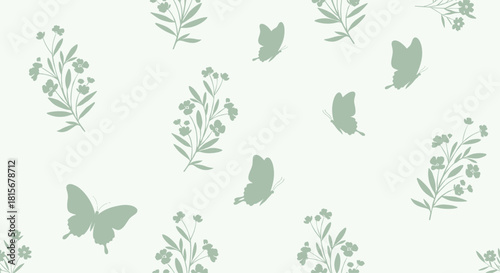 Minimalist and elegant seamless pattern of sage green butterfly and floral silhouettes on a very light green monochromatic background.
