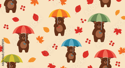 Charming autumn seamless pattern featuring cute brown bears holding colorful umbrellas among falling leaves and red berries.