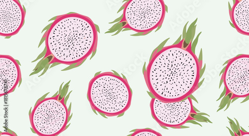 Modern seamless pattern of sliced pink dragon fruit, or pitaya, arranged on a pale mint green background for a tropical feel.
