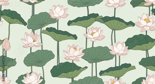 Elegant and serene seamless pattern of pink lotus flowers and large green lily pads on a tranquil light green-blue background.