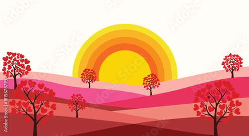 Whimsical landscape illustration for Valentine's Day with a colorful sun setting over pink and red hills with heart-leaf trees.