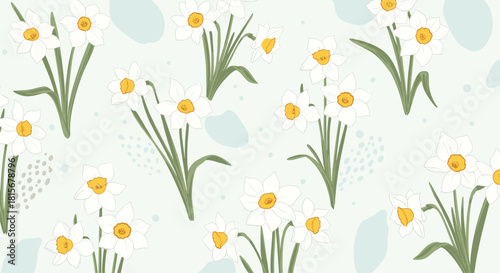 Delicate seamless spring pattern of white and yellow daffodil flowers on a pale blue background with abstract dotted textures.