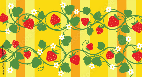 Vibrant seamless border pattern of winding strawberry vines with red berries and white flowers on a yellow striped background.