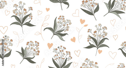 Elegant seamless romantic pattern with bouquets of small flowers, delicate branches, and outlined hearts on a white background.