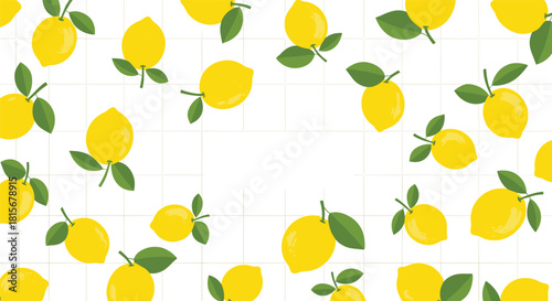 Fresh and bright summer background with a pattern of yellow lemons and green leaves on a white grid, with a central copy space.