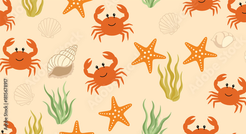 Cute seamless nautical pattern with cheerful cartoon crabs, starfish, seashells, and seaweed on a sandy beige background.