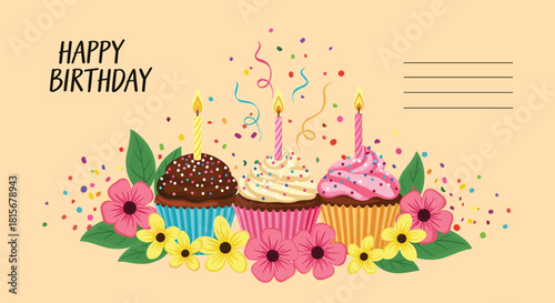 Happy Birthday greeting card illustration featuring three colorful cupcakes with lit candles, flowers, and confetti on a beige background.