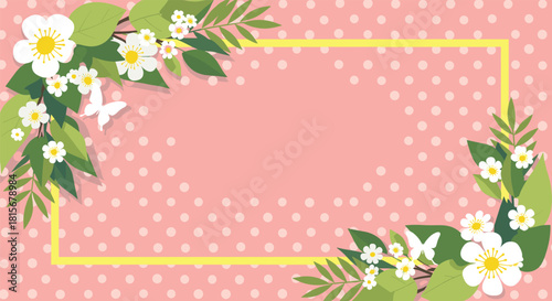 Lovely spring-themed frame with white paper-cut style flowers, green leaves, and butterflies on a pink polka dot background.