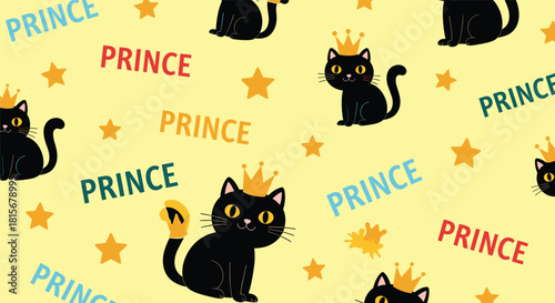 Playful seamless pattern for boys with a cute black cat prince wearing a crown, surrounded by stars on a yellow background.