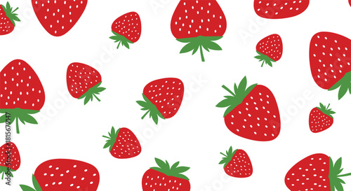 Simple and bold seamless pattern of juicy red strawberries scattered randomly on a clean and fresh white background.