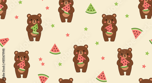 Cute seamless pattern of cartoon brown bears eating slices of watermelon, with stars and fruit scattered on a beige background.