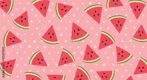 Vibrant seamless summer pattern of red watermelon slices arranged on a bright pink background with white polka dots.