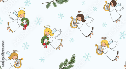 Delicate and sweet seamless Christmas pattern of cute cartoon angels holding wreaths and harps, with snowflakes and pine branches.
