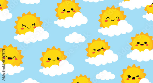 Cheerful seamless pattern of cute kawaii-style sun characters with various happy expressions peeking from behind fluffy white clouds.