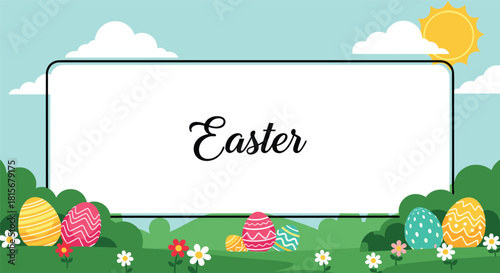 Happy Easter greeting card design with colorful eggs in a green field below a large text frame with the word 'Easter' inside.