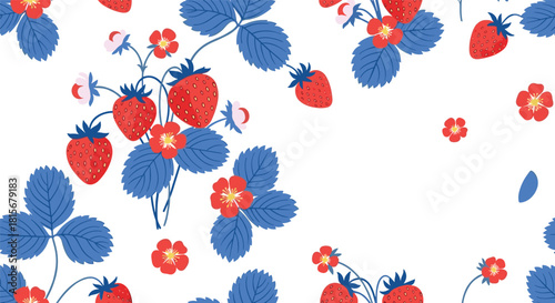 Beautiful seamless pattern of wild strawberries with red berries, blue leaves, and small red flowers on a clean white background.