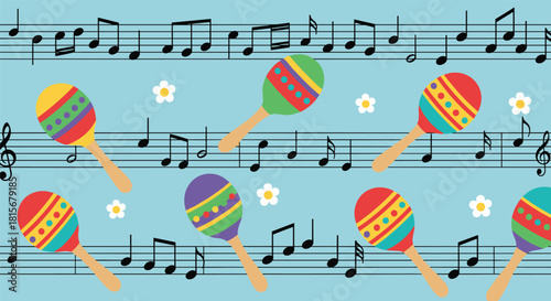 Musical themed seamless pattern with colorful maracas and small white flowers scattered over sheet music on a light blue background.