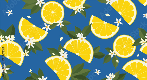 Fresh and vibrant seamless pattern of yellow lemon slices and whole lemons with small white blossoms on a bold blue background.