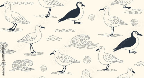 Nautical-themed seamless pattern with hand-drawn seagulls, ocean waves, and seashells in a simple black and white line art style.