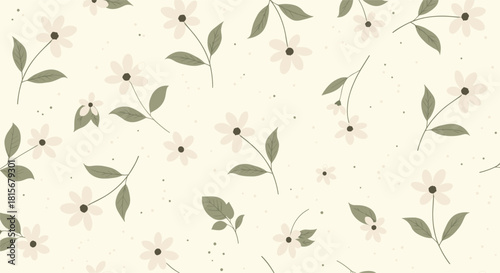Gentle and calming seamless pattern of simple off-white flowers with muted green leaves scattered on a pale beige dotted background.