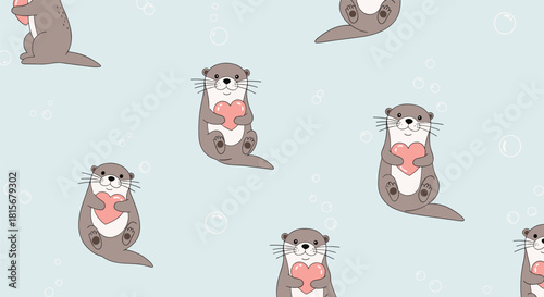 Adorable seamless pattern of cute cartoon otters holding pink hearts and floating amongst bubbles on a light blue background.