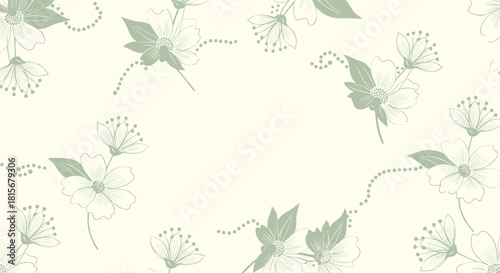 Minimalist and elegant floral background with a frame of sage green flower and leaf line art with dotted trails on a pale cream backdrop.