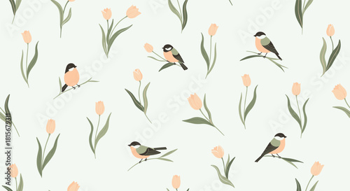 Charming and gentle seamless spring pattern with cute birds perched on branches and soft peach-colored tulips on a pale background.