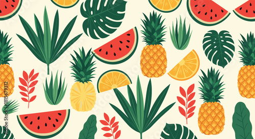 Vibrant and summery seamless pattern featuring tropical fruits like pineapple and watermelon with monstera leaves on a light background.