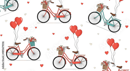 Sweet and romantic seamless pattern featuring cute vintage bicycles with flower baskets and heart-shaped balloons on a white background.