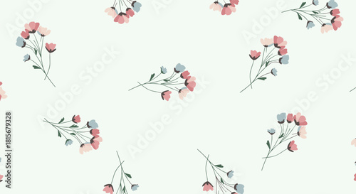 Dainty and delicate seamless pattern of small, simple bouquets with pink and blue flowers scattered on a pale green background.