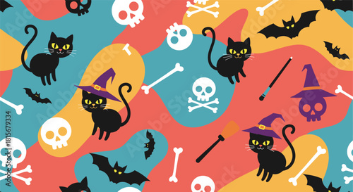 Vibrant and playful seamless Halloween pattern with black cats in witch hats, skulls, bats, and bones on a colorful background.
