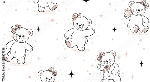 Adorable seamless pattern for children featuring cute white teddy bear girls with pink bows, dancing among stars and sparkles.