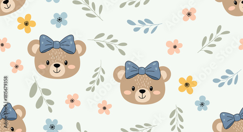 Adorable seamless pattern for children with cute teddy bear faces wearing blue bows, surrounded by small flowers and leaves.