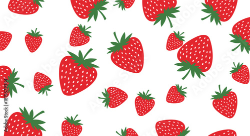 Simple and fresh seamless pattern of bright red strawberries with green tops scattered randomly on a clean white background.