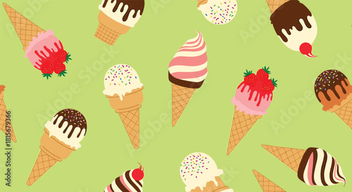 Fun and delicious seamless summer pattern of assorted ice cream cones with various toppings and flavors on a bright green background.