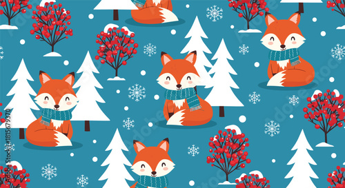 Charming seamless winter pattern featuring cute cartoon foxes wearing scarves in a snowy forest with trees and red berry bushes.